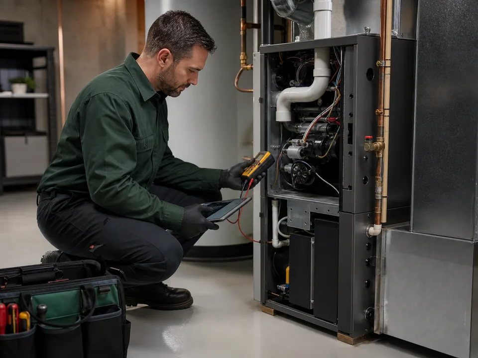 Technician diagnosing a high-efficiency furnace